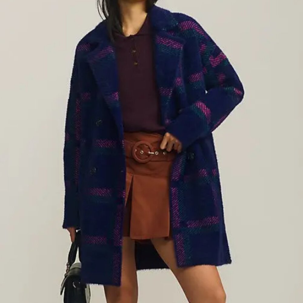 NVLT Eyelash Knit Plaid Coat Jacket, Double Breaasted, Blue/Purple - Womens XS